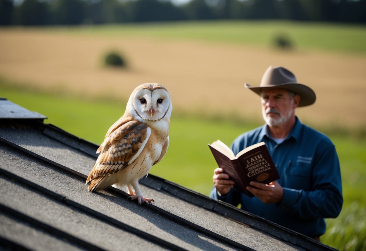 A barn owl perched on a barn roof, with a concerned farmer looking on from a distance, holding a book on legal and ethical pest control