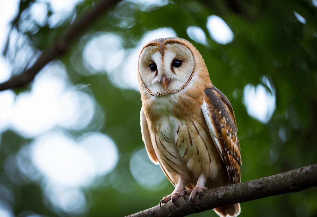 A barn owl perched on a tree branch, its heart-shaped face and large, round eyes staring out with a curious and wise expression