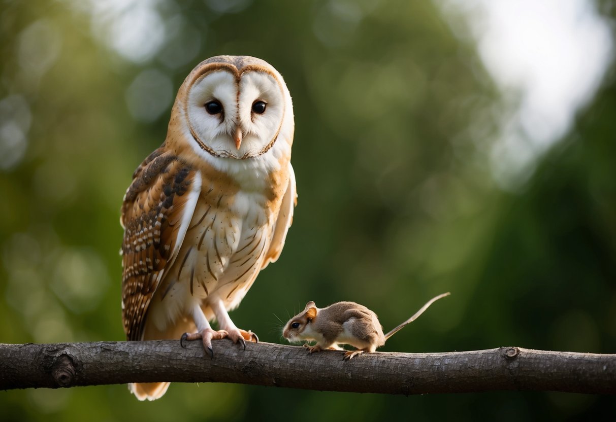 A barn owl perched on a tree branch, with its large round face and heart-shaped facial disc, staring intently at a small rodent scurrying below