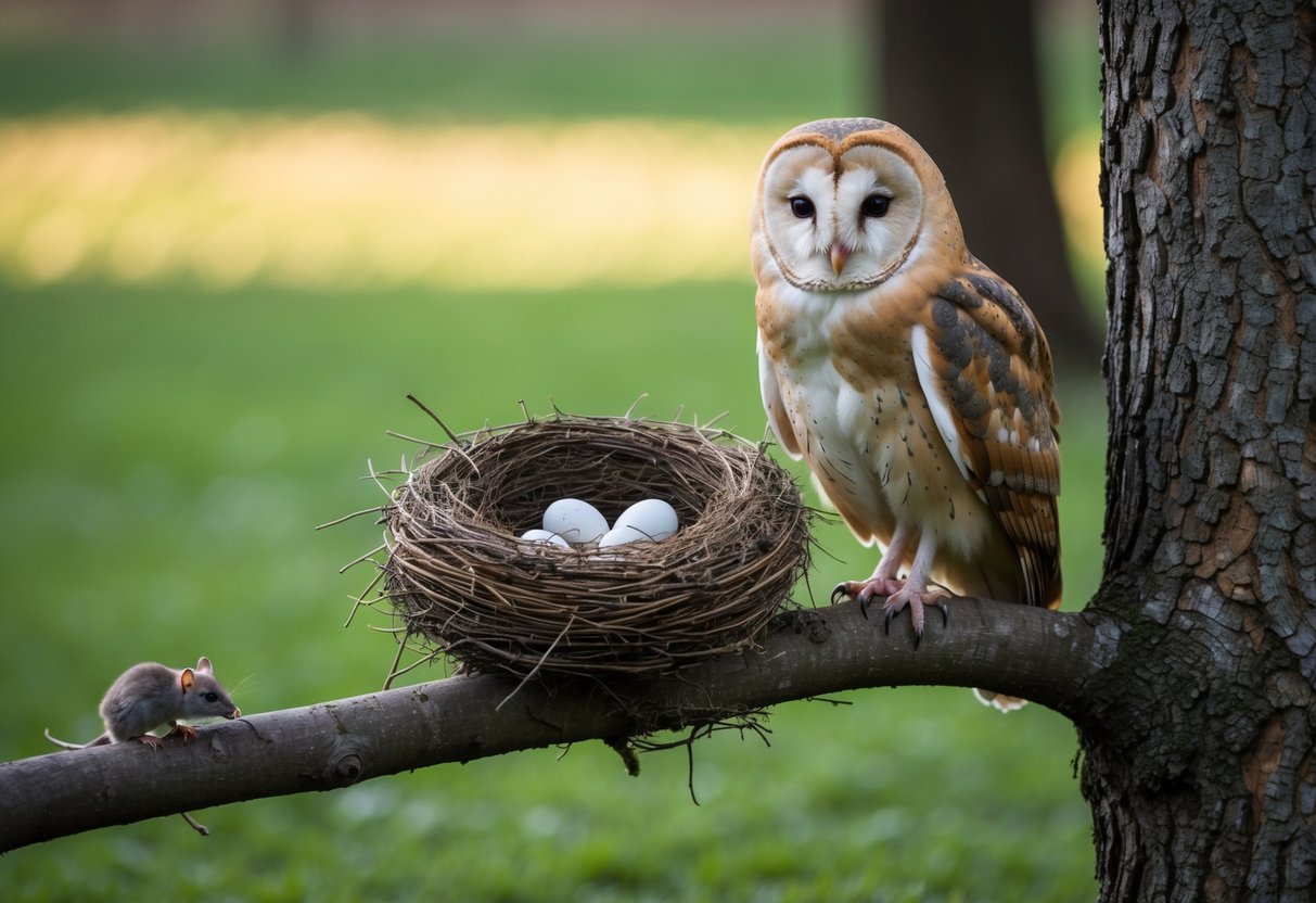 A barn owl perched on a tree branch, surrounded by a nest with eggs and a hunting ground with mice