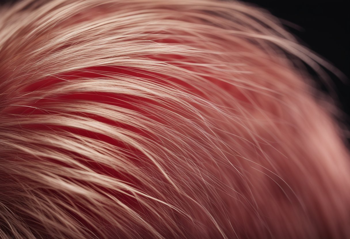 A close-up of a scalp with hair falling out and red, irritated skin