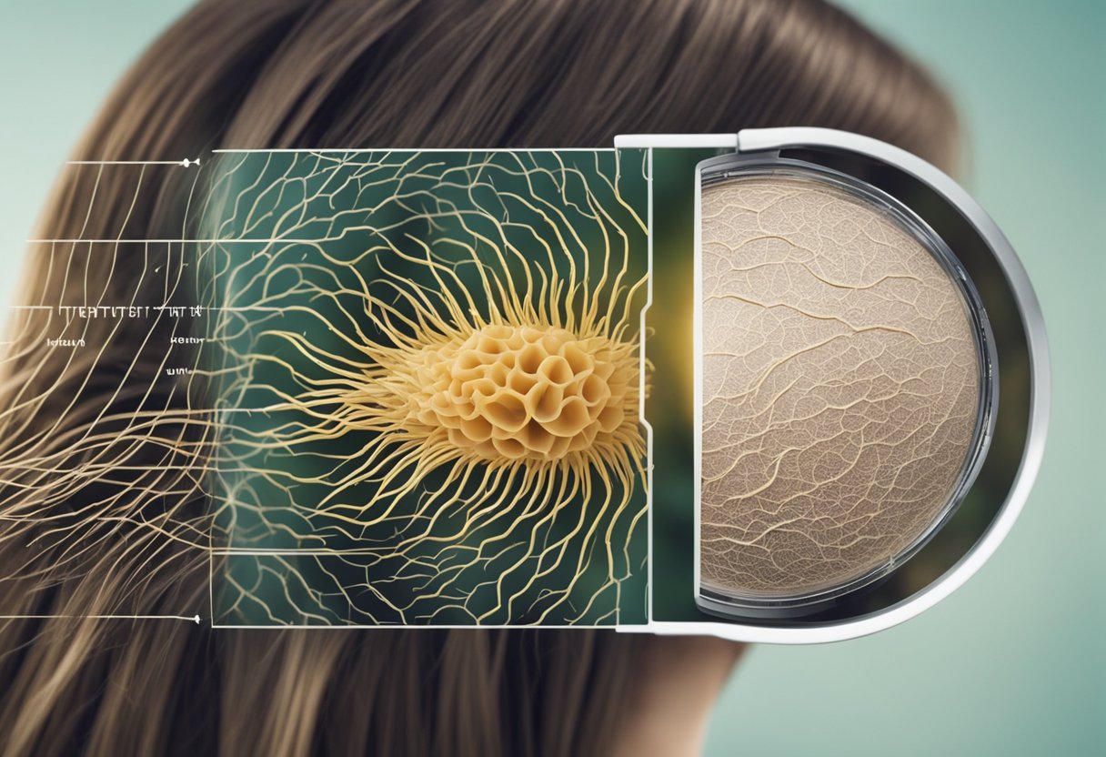 A close-up illustration of a scalp with hair follicles and a magnified view showing the connection between hair loss and itchy scalp