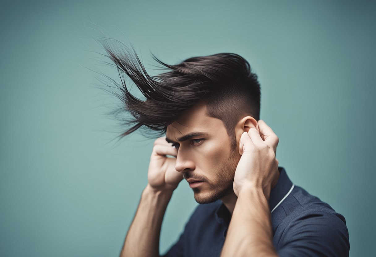 A person scratching their head with a concerned expression as strands of hair fall out