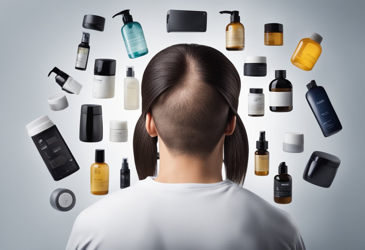 A person with an itchy scalp surrounded by hair products, stress factors, and potential triggers for hair loss