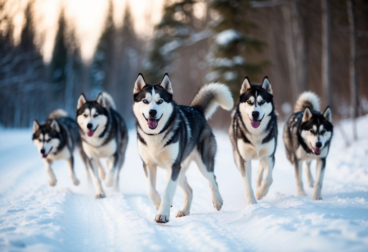A husky confidently leads a pack through a snowy forest, their strong and agile bodies displaying their natural grace and power