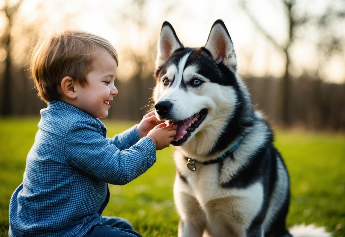 A happy husky playing with a young child, showing the gentle and affectionate nature of the breed
