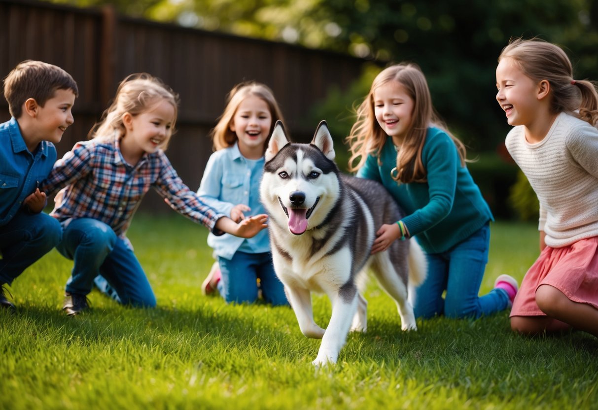 A smiling husky playing gently with a group of laughing children in a grassy backyard