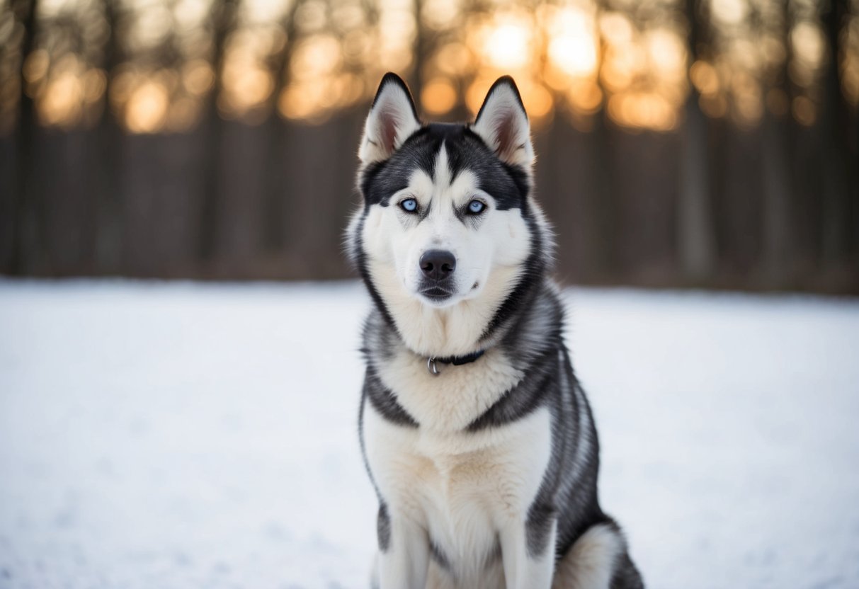 A husky sits stiffly, ears perked, avoiding human touch