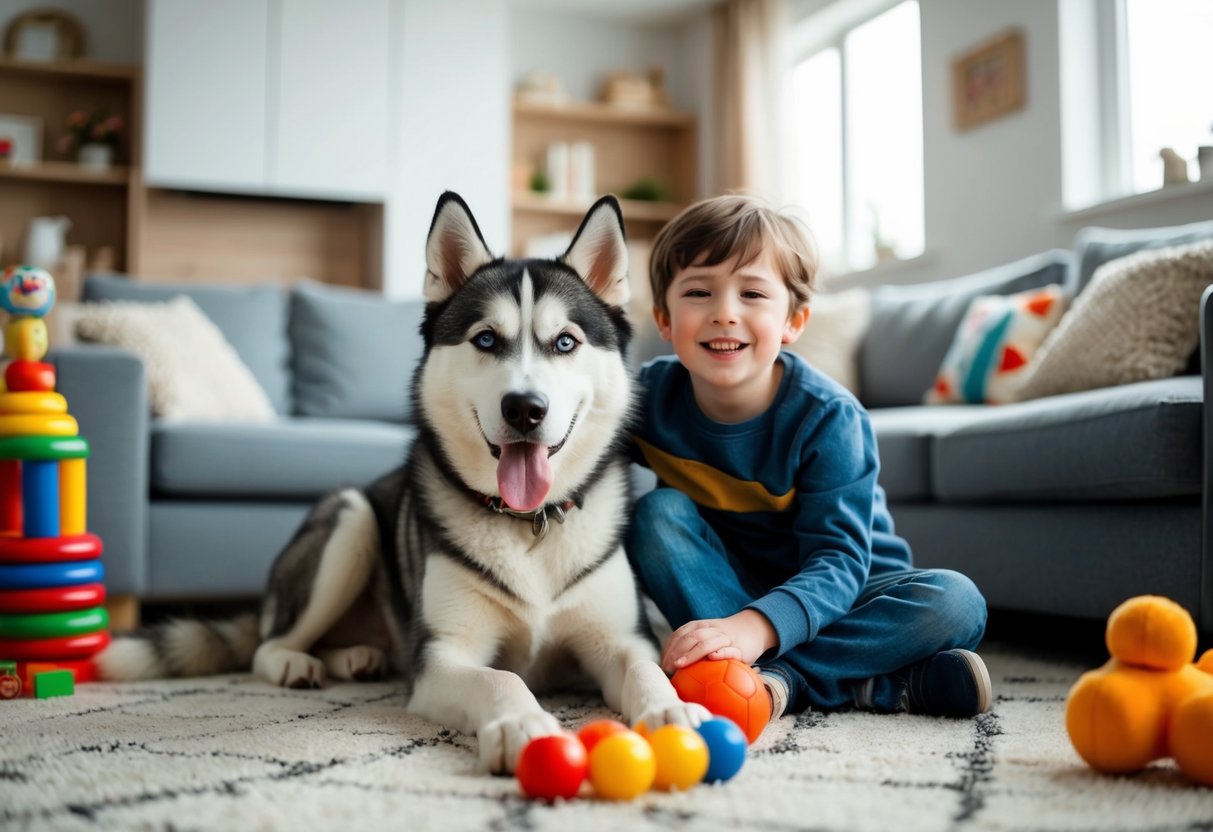 A husky sits beside a child, both with playful expressions, surrounded by toys and a cozy living room