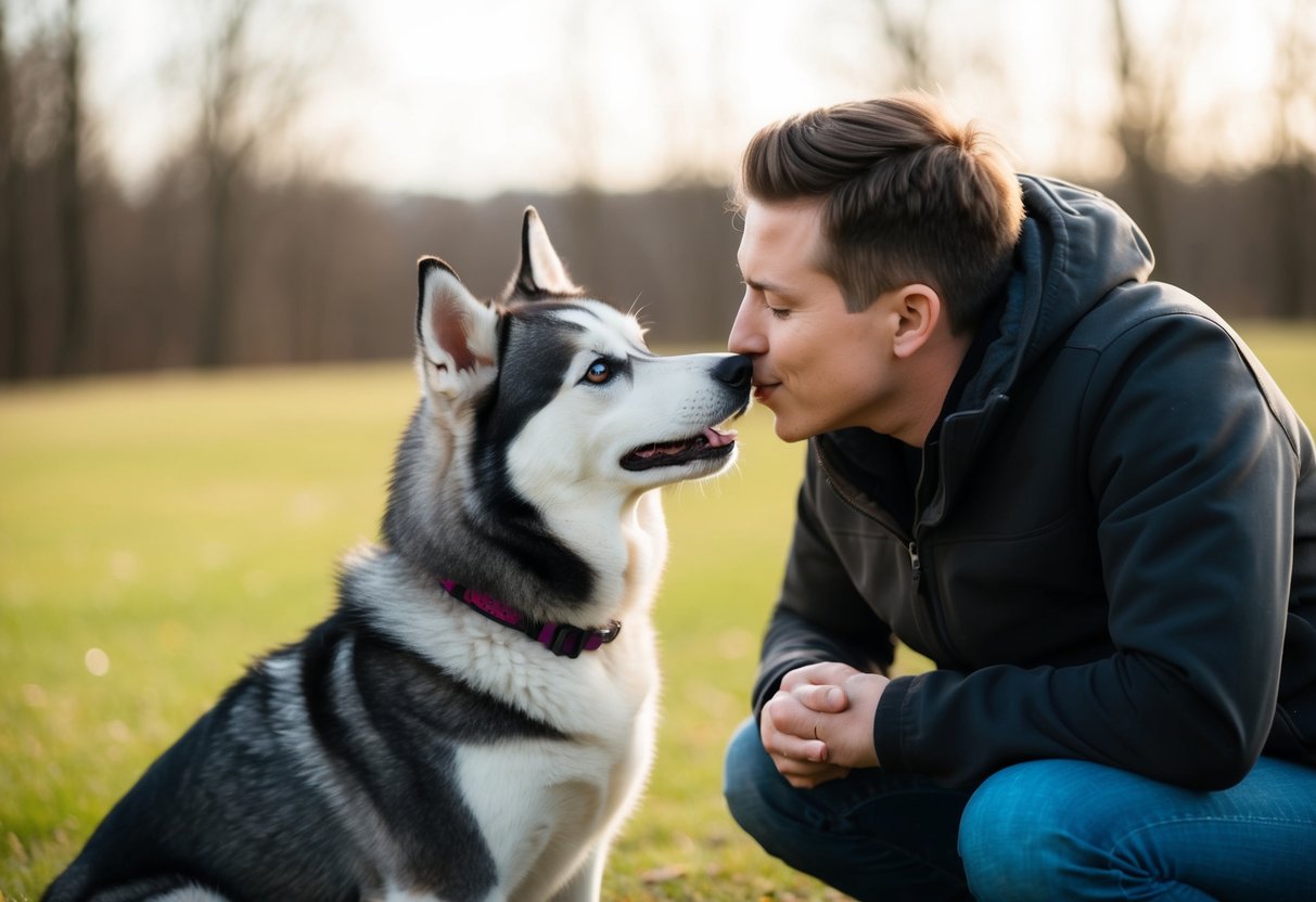 A husky gazes lovingly at its owner, nuzzling against their leg while wagging its tail and licking their face