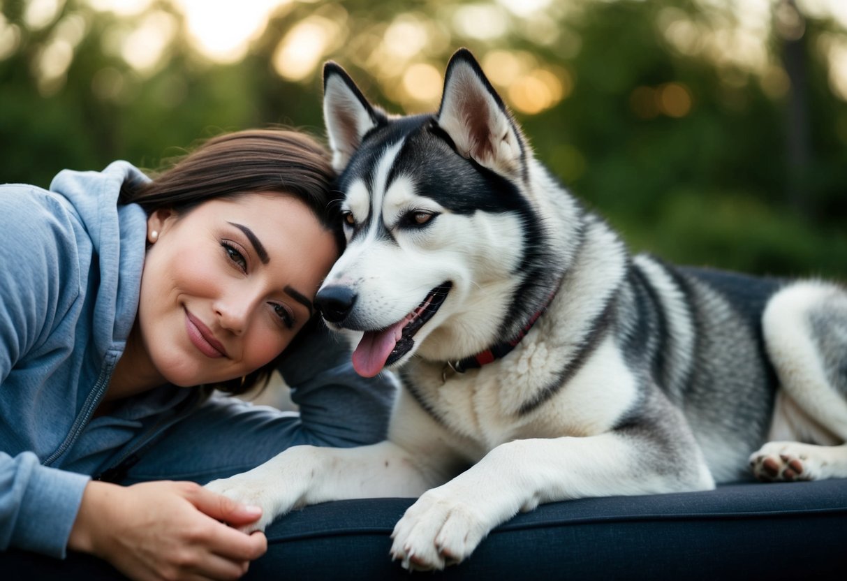 A husky lounges next to a person, leaning into their side with a content expression. The person scratches the husky's ear as they both relax together