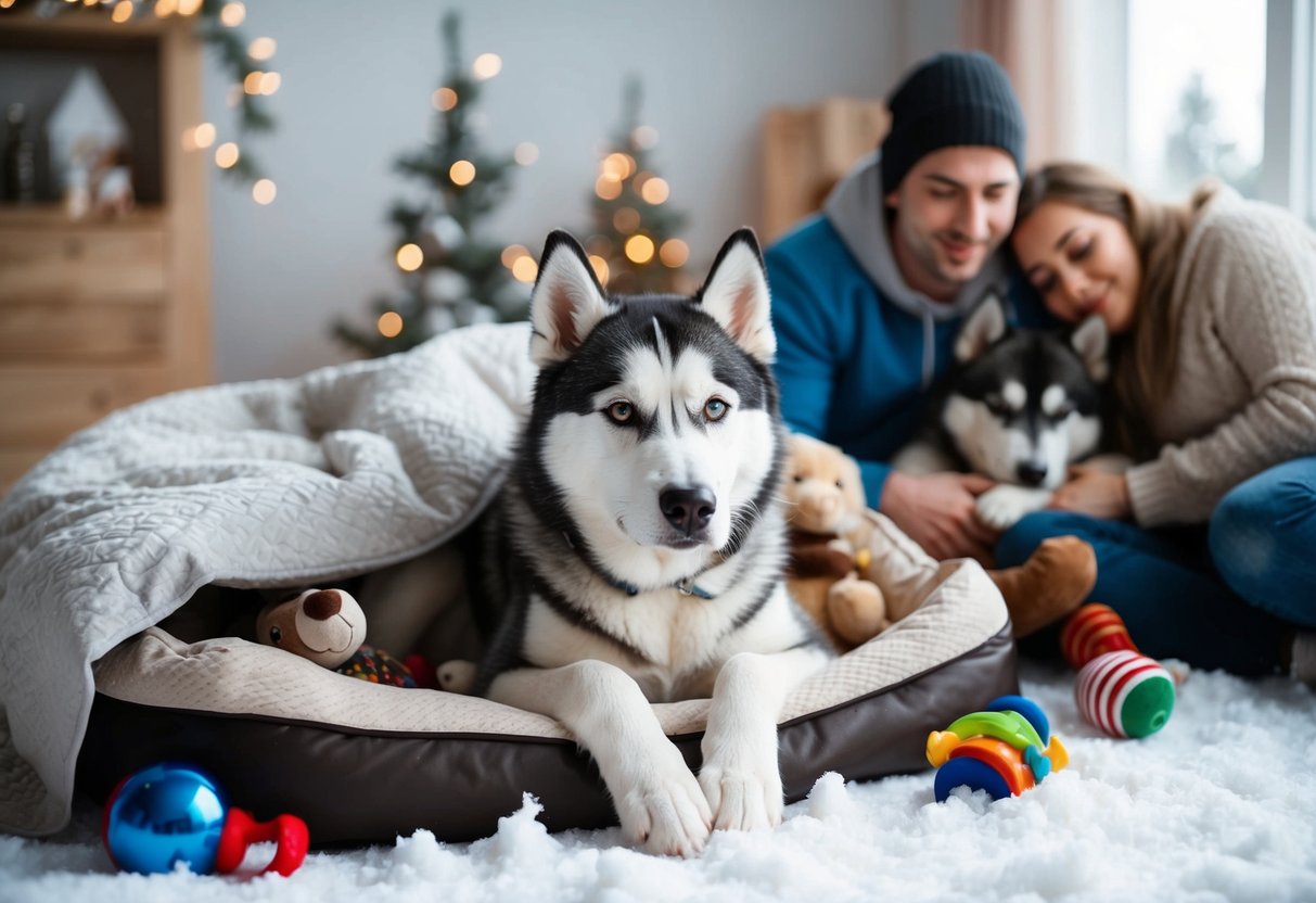 A husky lies in the snow, surrounded by toys and a cozy bed, looking aloof as a family tries to cuddle