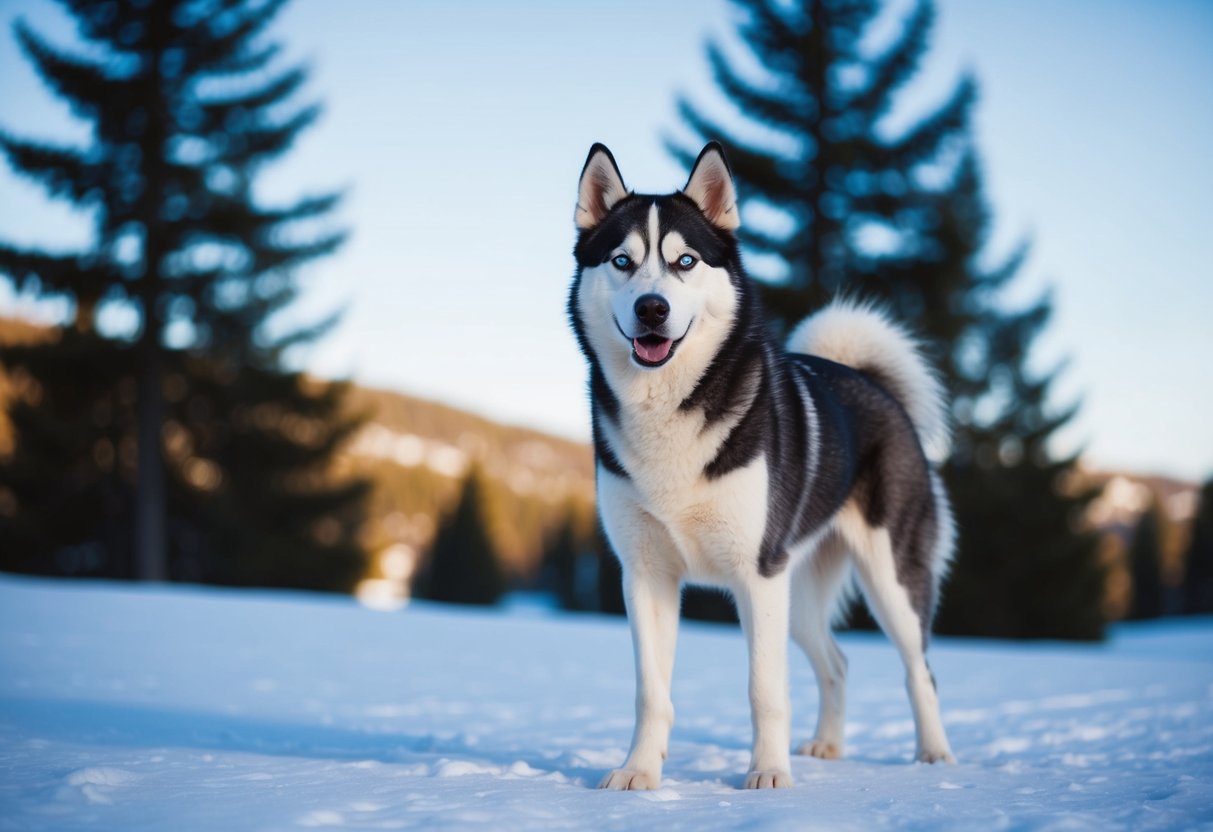 A husky with distinct markings stands in a snowy landscape, with a backdrop of pine trees and a clear blue sky