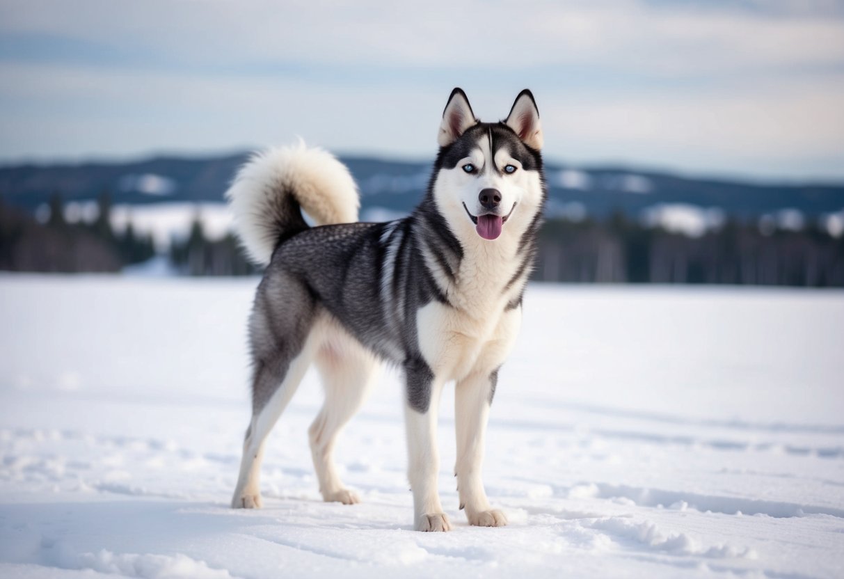 A husky standing in a snowy landscape, with a thick double coat, erect triangular ears, and a bushy tail carried over the back