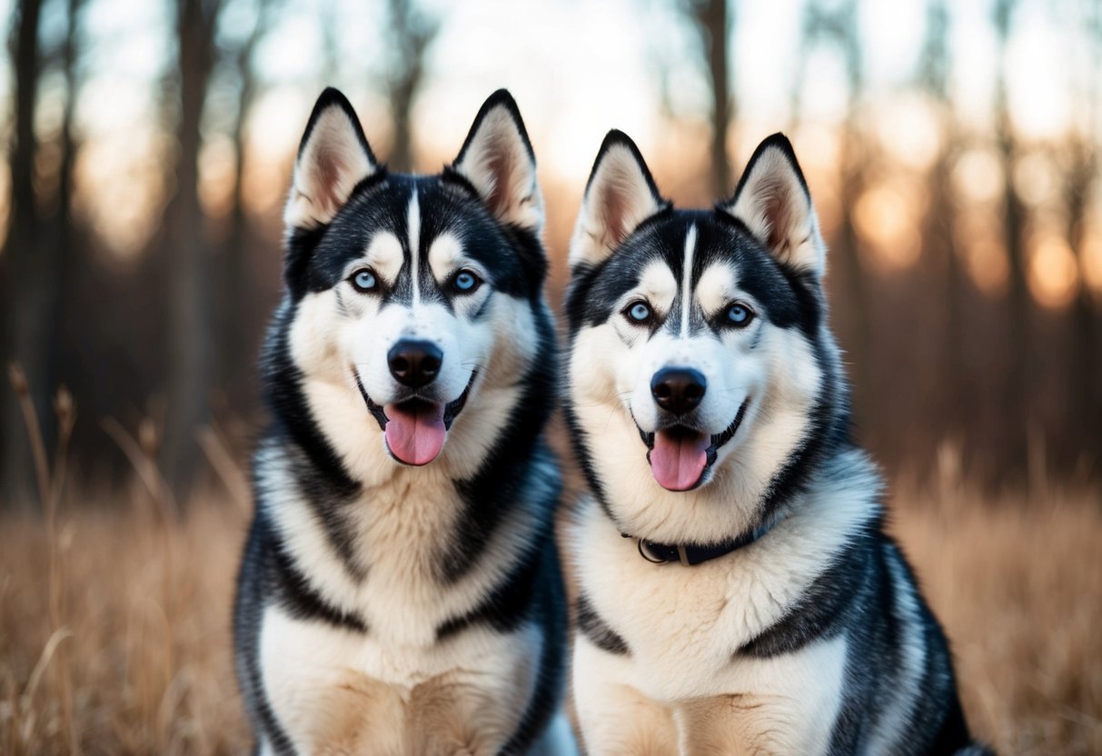 A husky and a Siberian husky stand side by side, showcasing their differences in size, coat color, and facial features