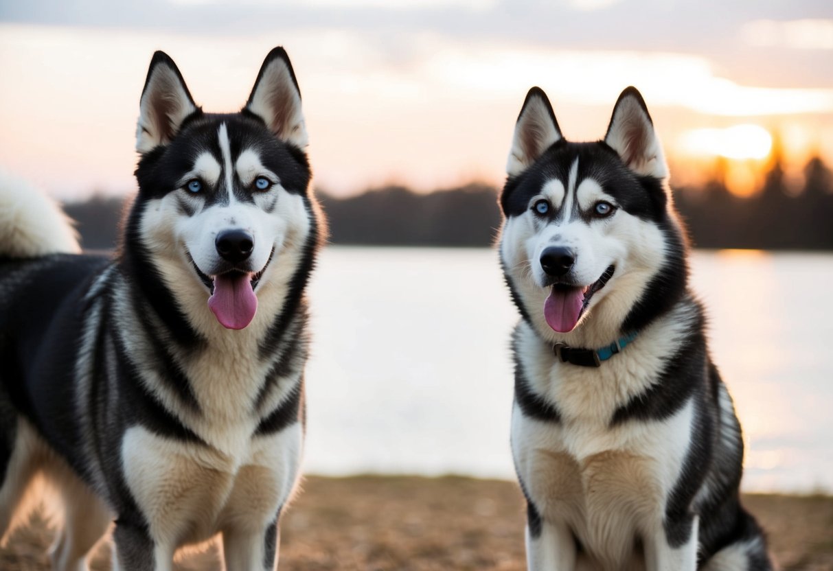 A husky and a Siberian husky standing side by side, showcasing their differences in size, coat color, and facial features