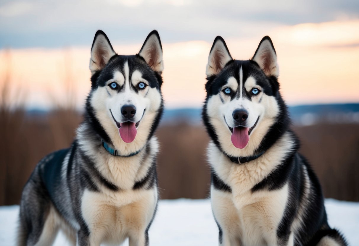 A husky and a Siberian husky stand side by side, displaying contrasting behavioral traits and temperament