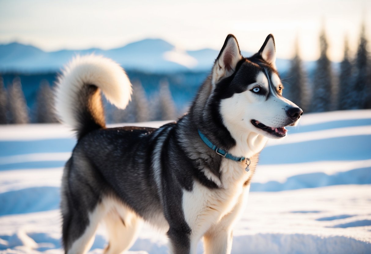 An Alaska husky, a mix of various breeds, stands in the snowy wilderness, its sleek coat glistening in the sunlight as it gazes into the distance