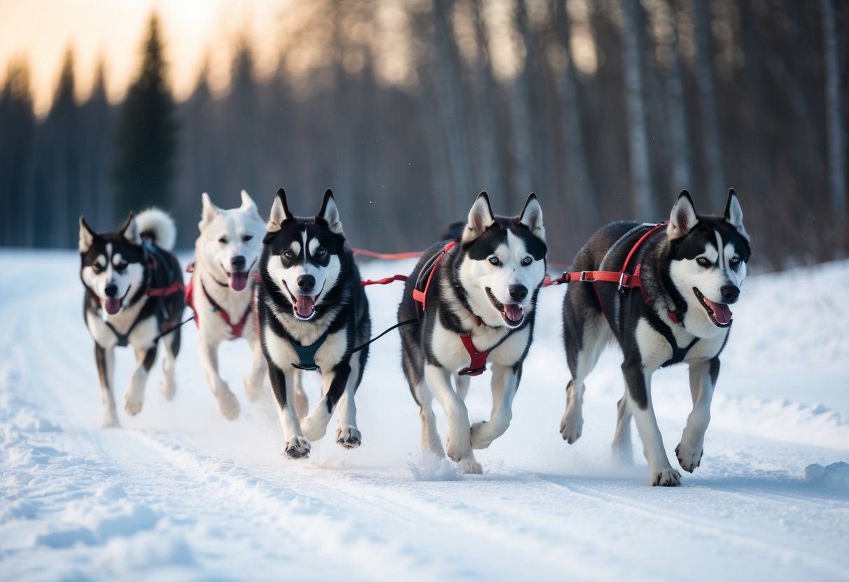 A sled dog team of mixed-breed Alaskan Huskies running through a snowy forest