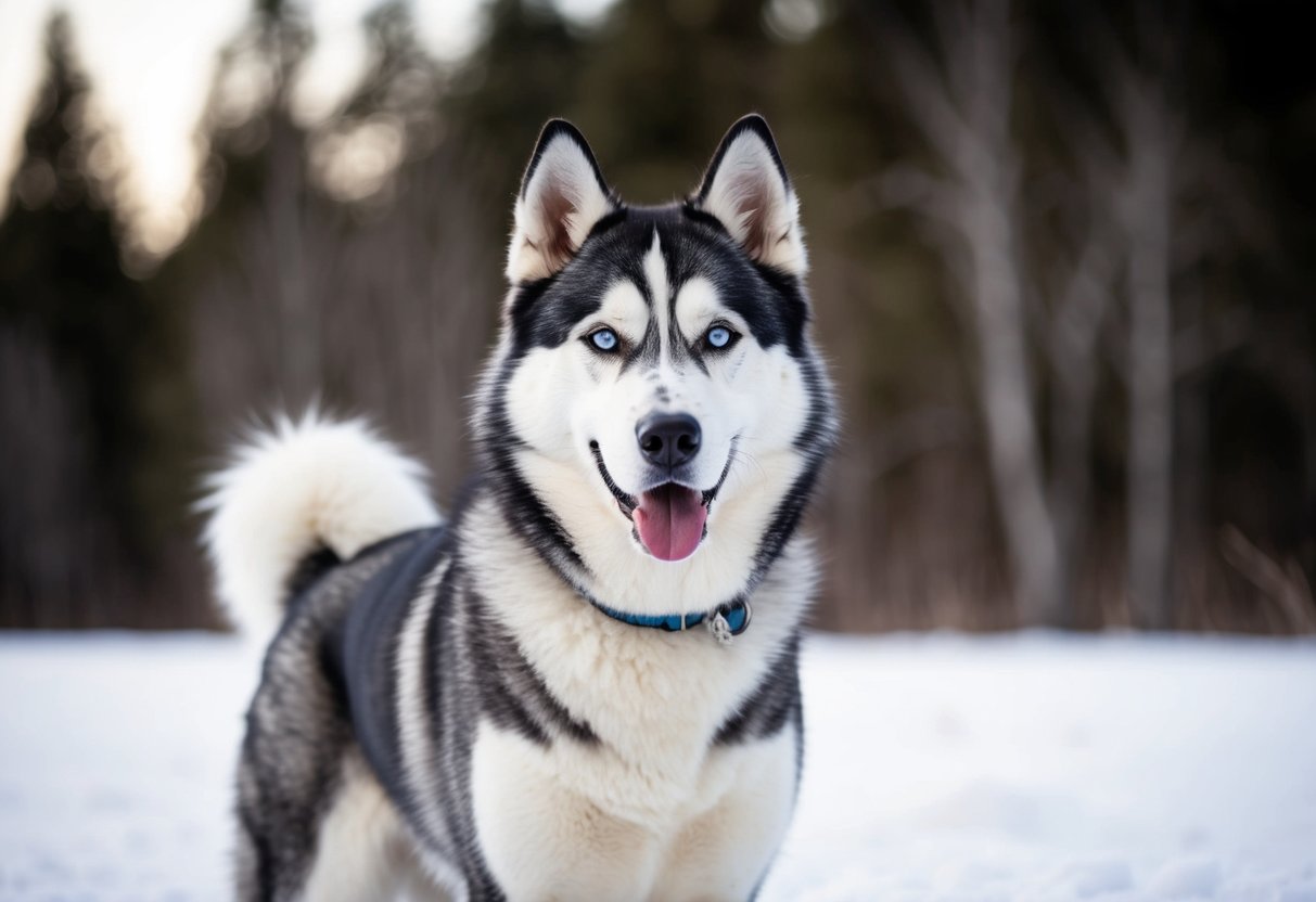 An Alaska husky, a mix of various northern dog breeds, stands proudly in the snow, with a thick coat, pointed ears, and a determined, intelligent gaze