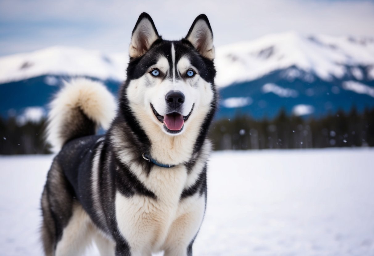 An Alaska husky, a mix of various breeds, stands proudly in a snowy landscape, with its sleek, wolf-like appearance and intelligent eyes