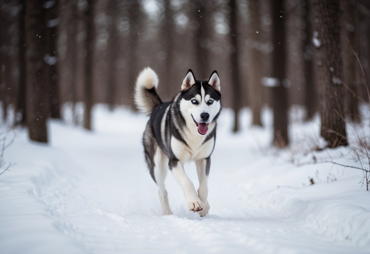 An Alaska husky running through a snowy forest, with its sleek, athletic build and pointed ears on display