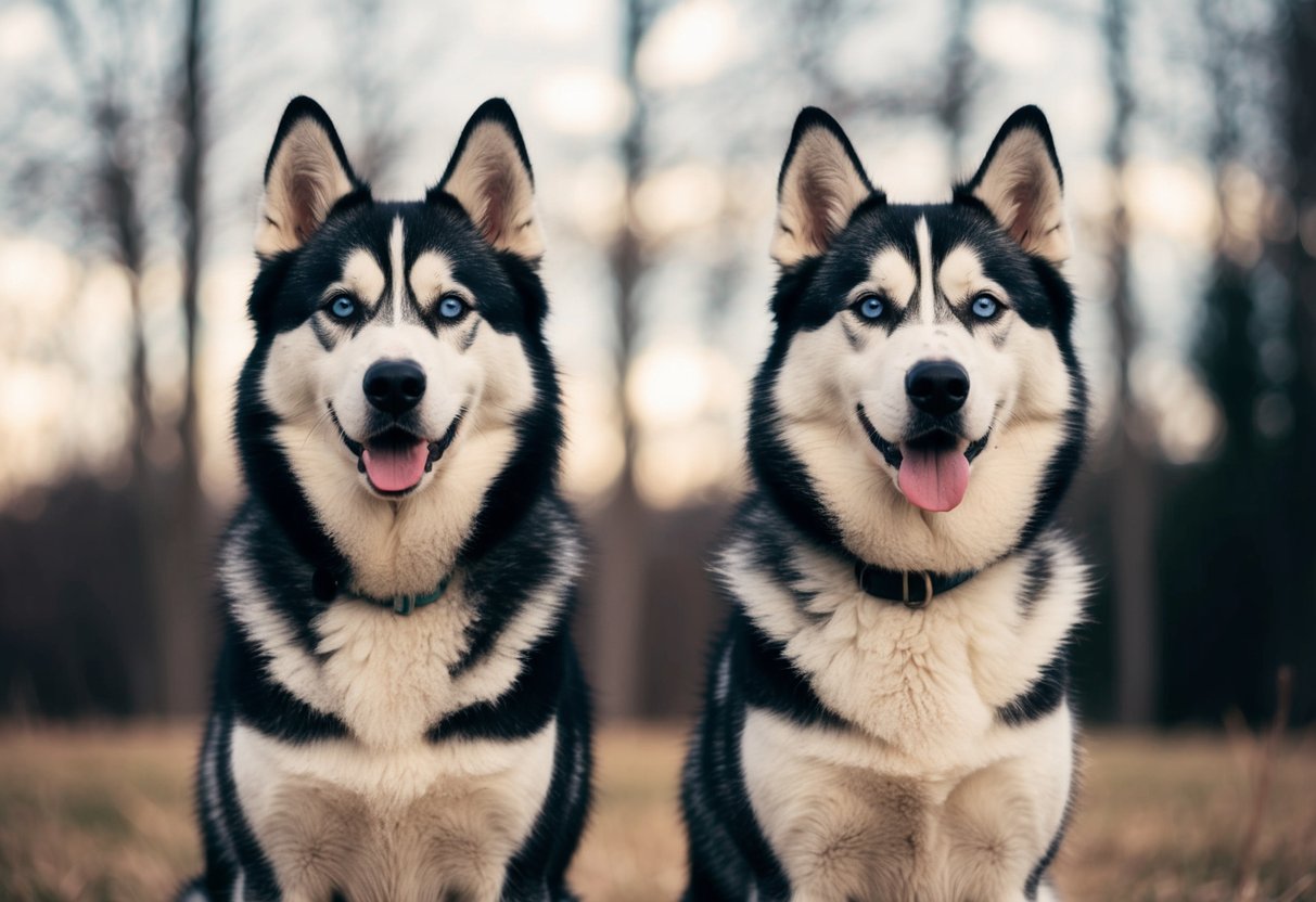 Two dogs side by side: a husky with a thick double coat, erect ears, and a bushy tail; an Alaskan husky with a leaner build, longer legs, and a shorter coat