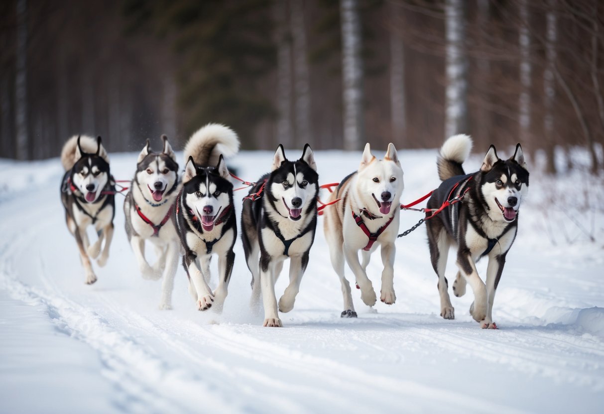A sled dog team of Alaskan huskies and Siberian huskies running through a snowy forest
