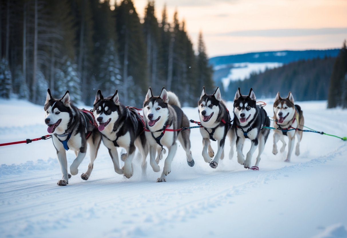 A sled team of Alaskan huskies and Siberian huskies racing through a snowy, forested landscape