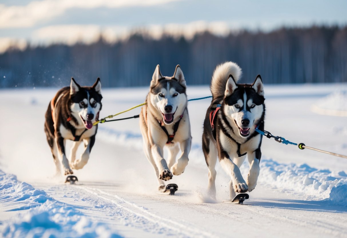 A sled dog race: An Alaskan husky with a lean build and longer legs pulls ahead of a Siberian husky with a thicker coat and shorter stature
