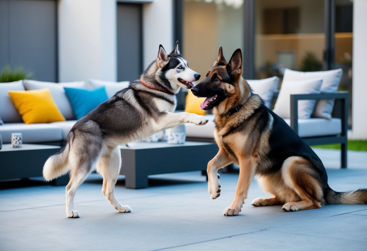 A husky and a German shepherd playfully interact in a modern, spacious backyard, surrounded by contemporary furniture and technology