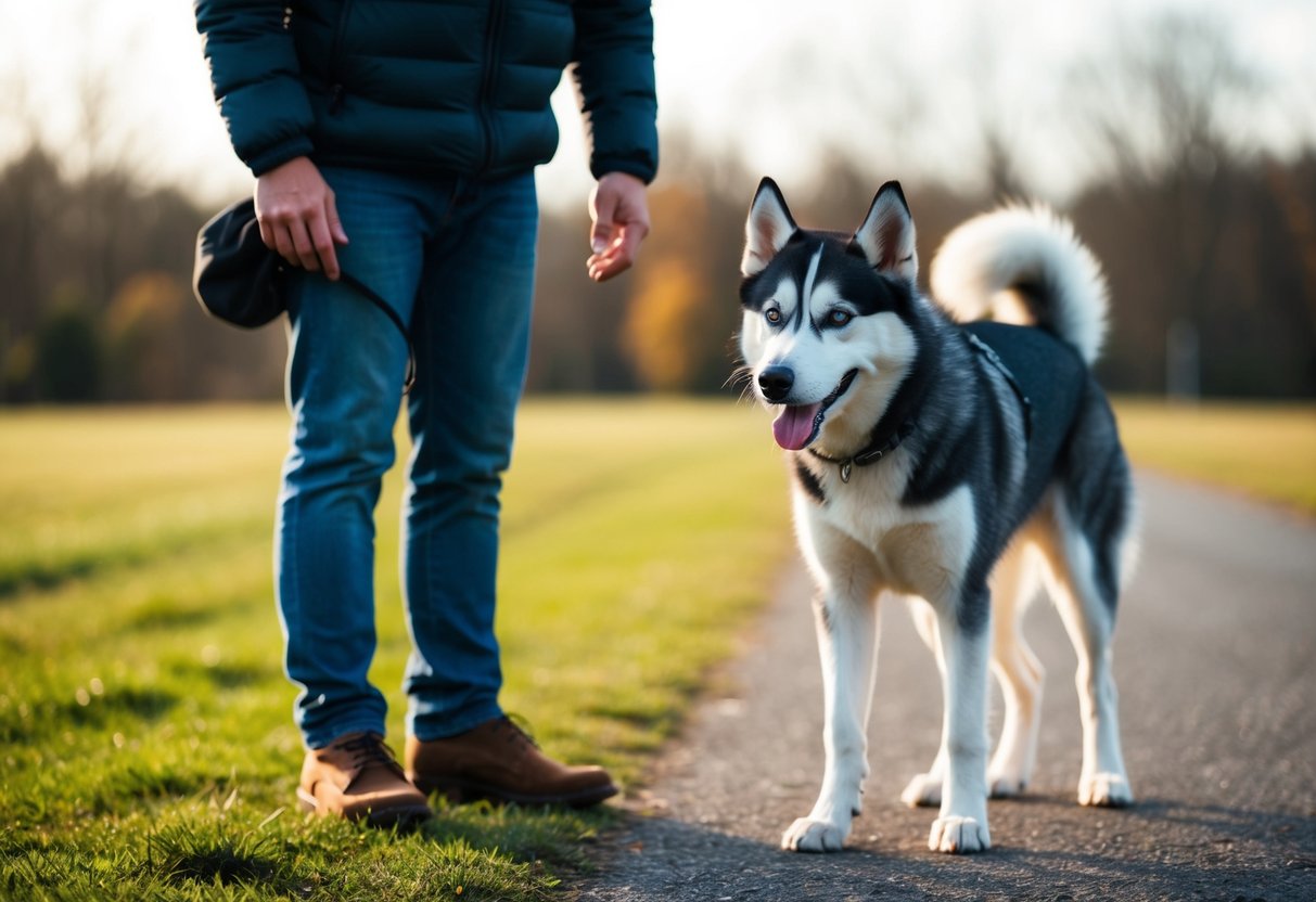 A smiling husky approaches a stranger, wagging its tail and sniffing curiously