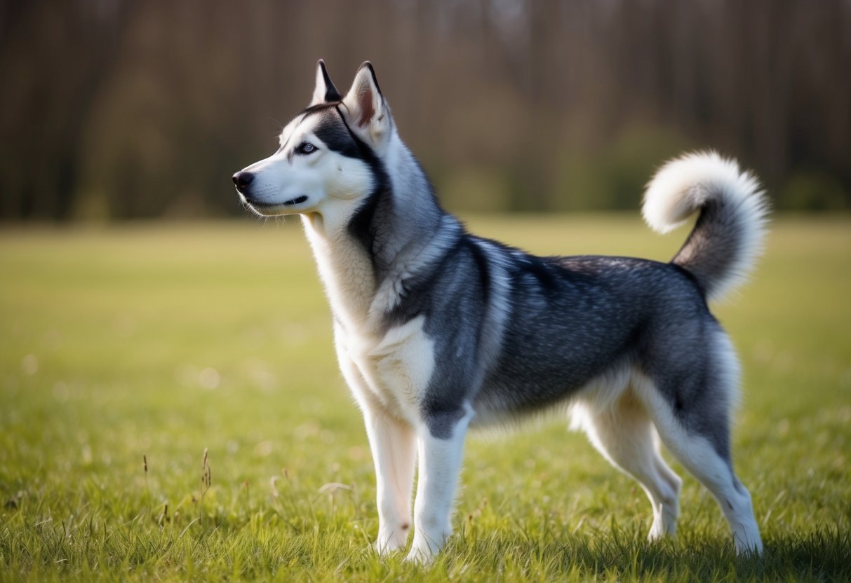 A husky stands in a grassy field, its nose lifted to the air as it sniffs the breeze. Its fur is sleek and clean, with no discernible dog smell