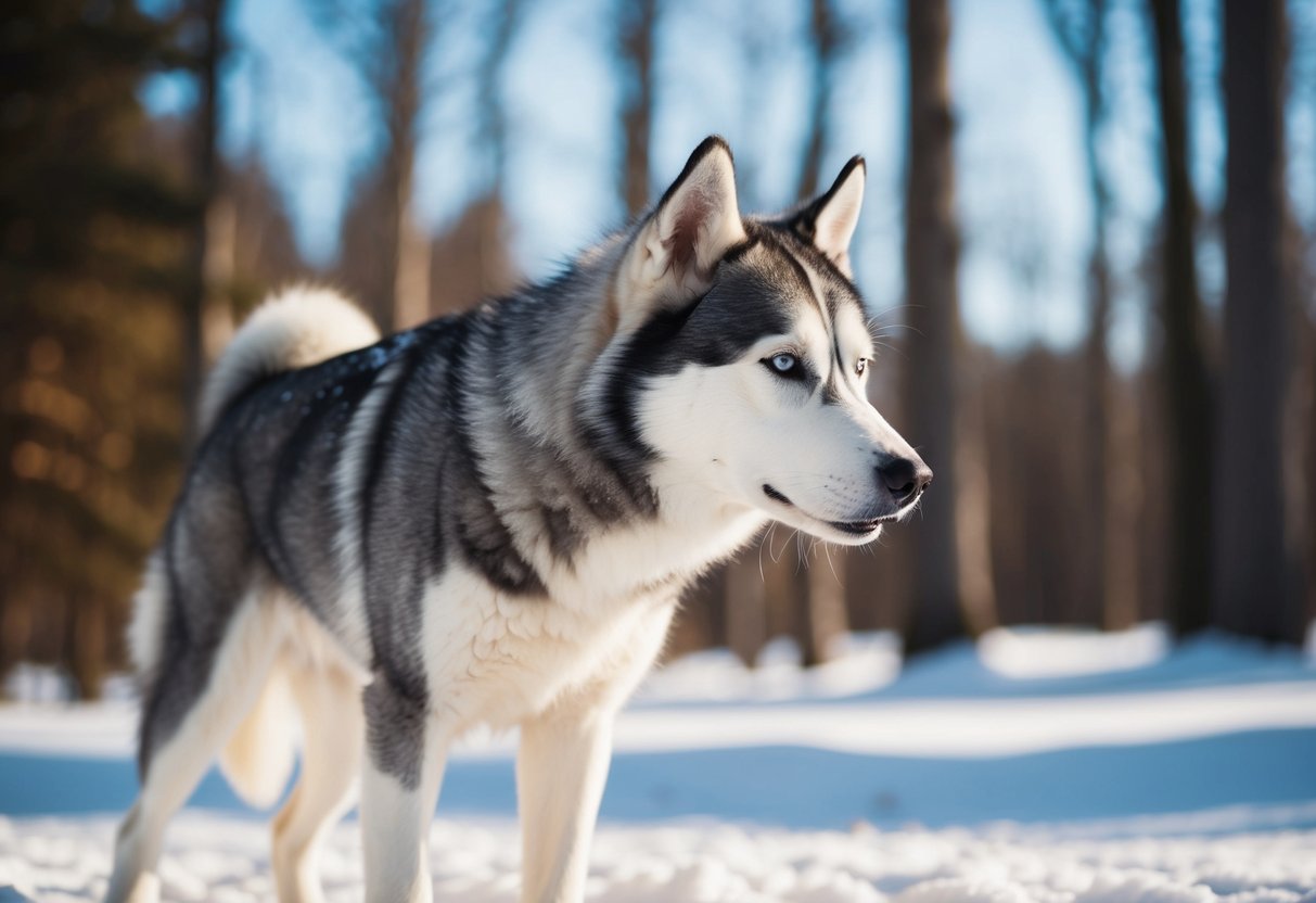 A husky stands in a snowy forest, its fur glistening in the sunlight. It sniffs the air, its keen sense of smell on display