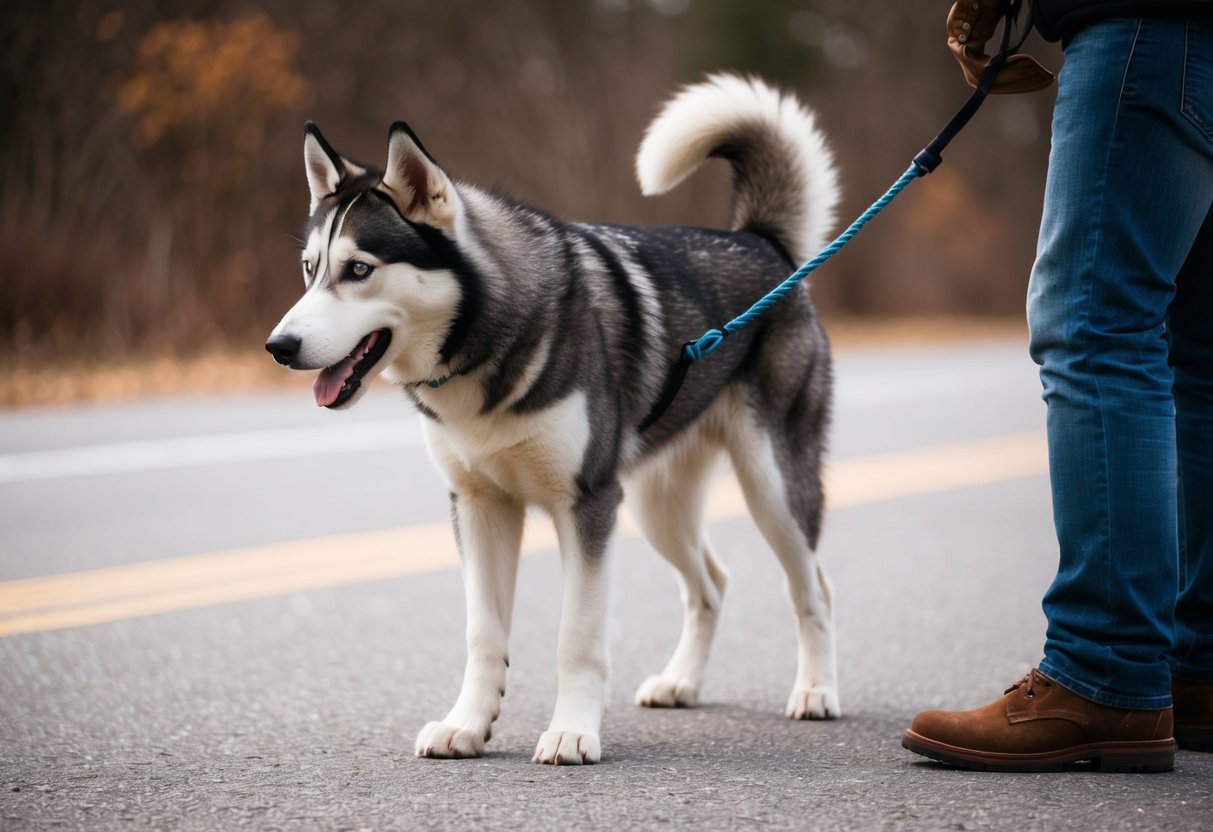 A husky stands alert, tail raised, and ears perked as it approaches a stranger with curiosity