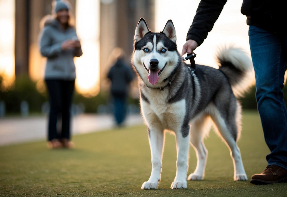 A husky stands confidently, tail wagging, as it greets a stranger with a friendly demeanor