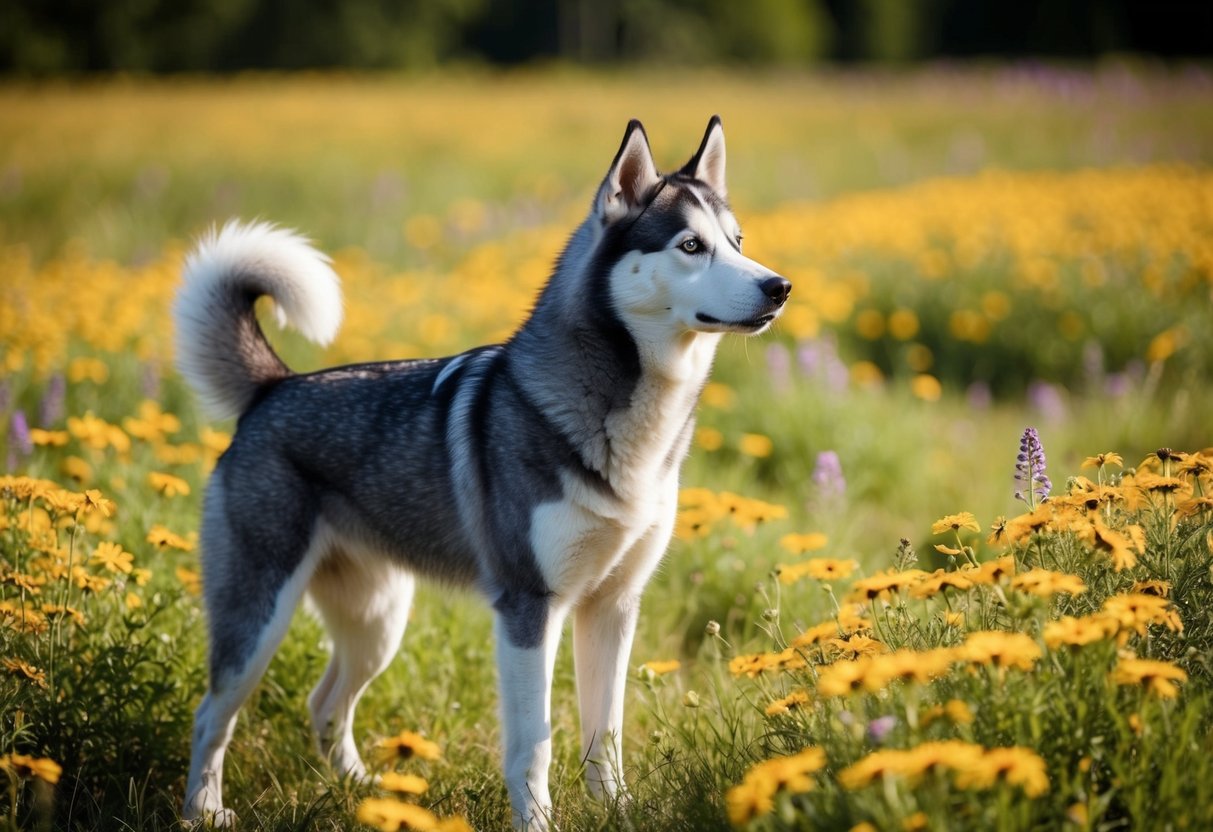 A husky stands in a field of wildflowers, its fur glistening in the sunlight. Its nose is raised, sniffing the air with curiosity