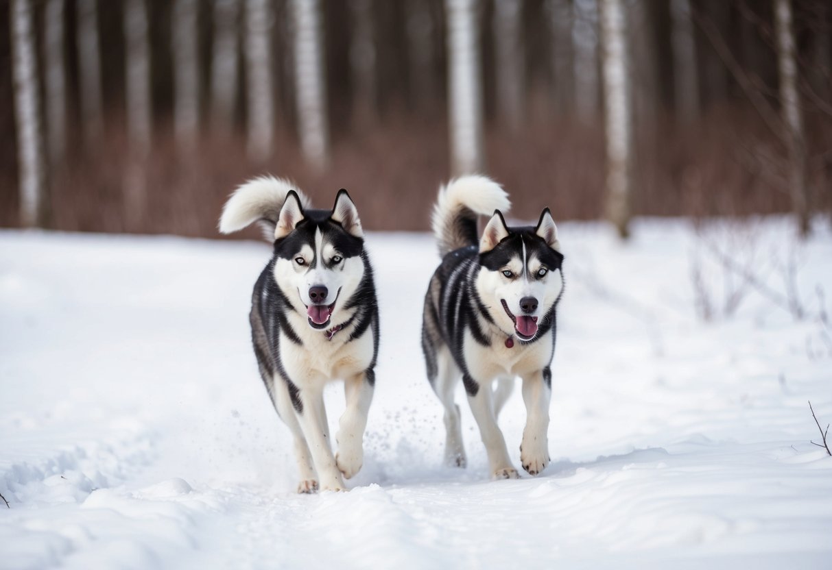 Two female huskies playing peacefully in a snow-covered forest clearing