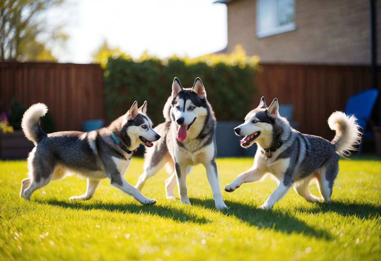 A female husky peacefully playing with other dogs in a spacious, sunlit backyard
