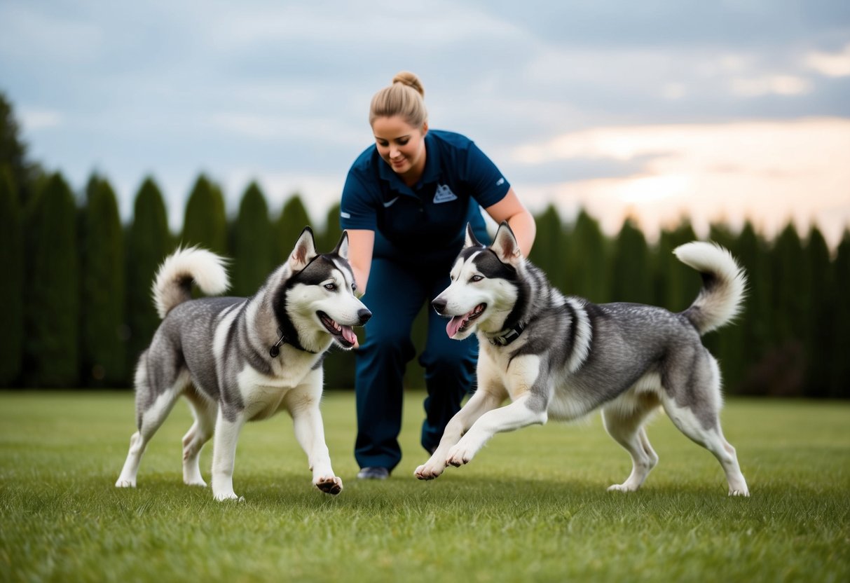 Two female huskies playing together in a spacious, grassy yard with a trainer guiding them through obedience exercises