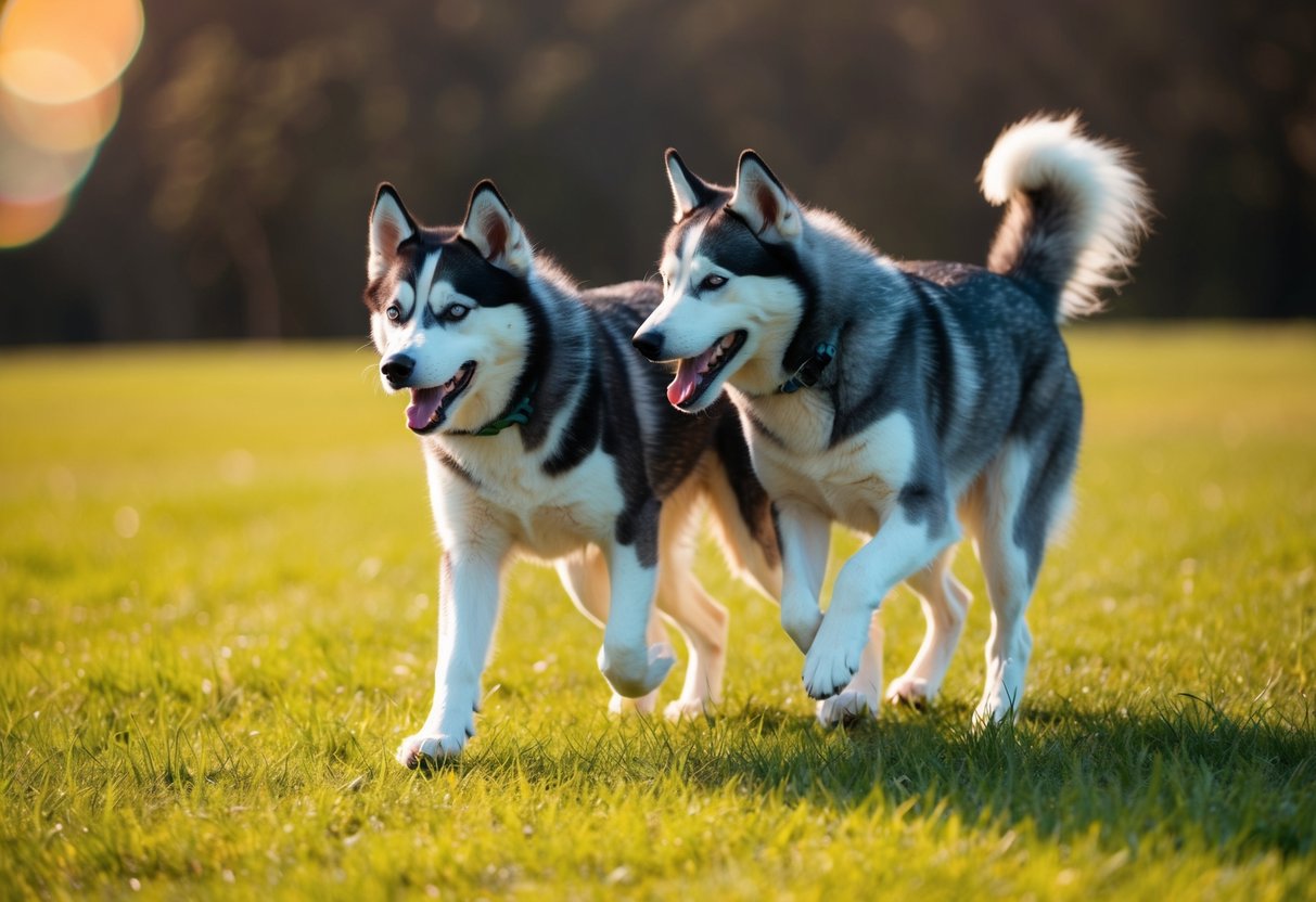 Two female huskies playing peacefully in a grassy field, wagging their tails and engaging in friendly interaction
