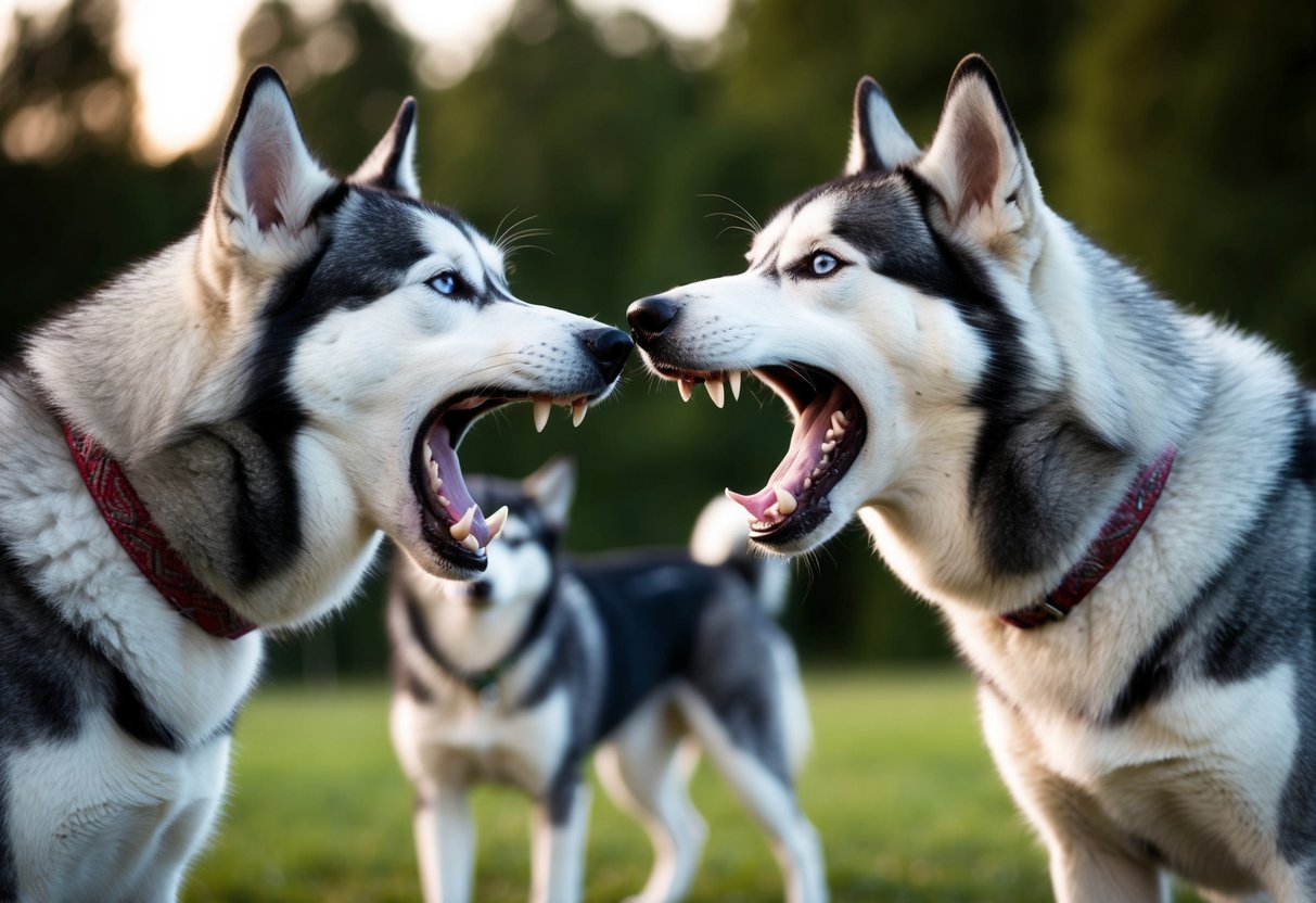 Two huskies face off, snarling, teeth bared. Other dogs watch cautiously