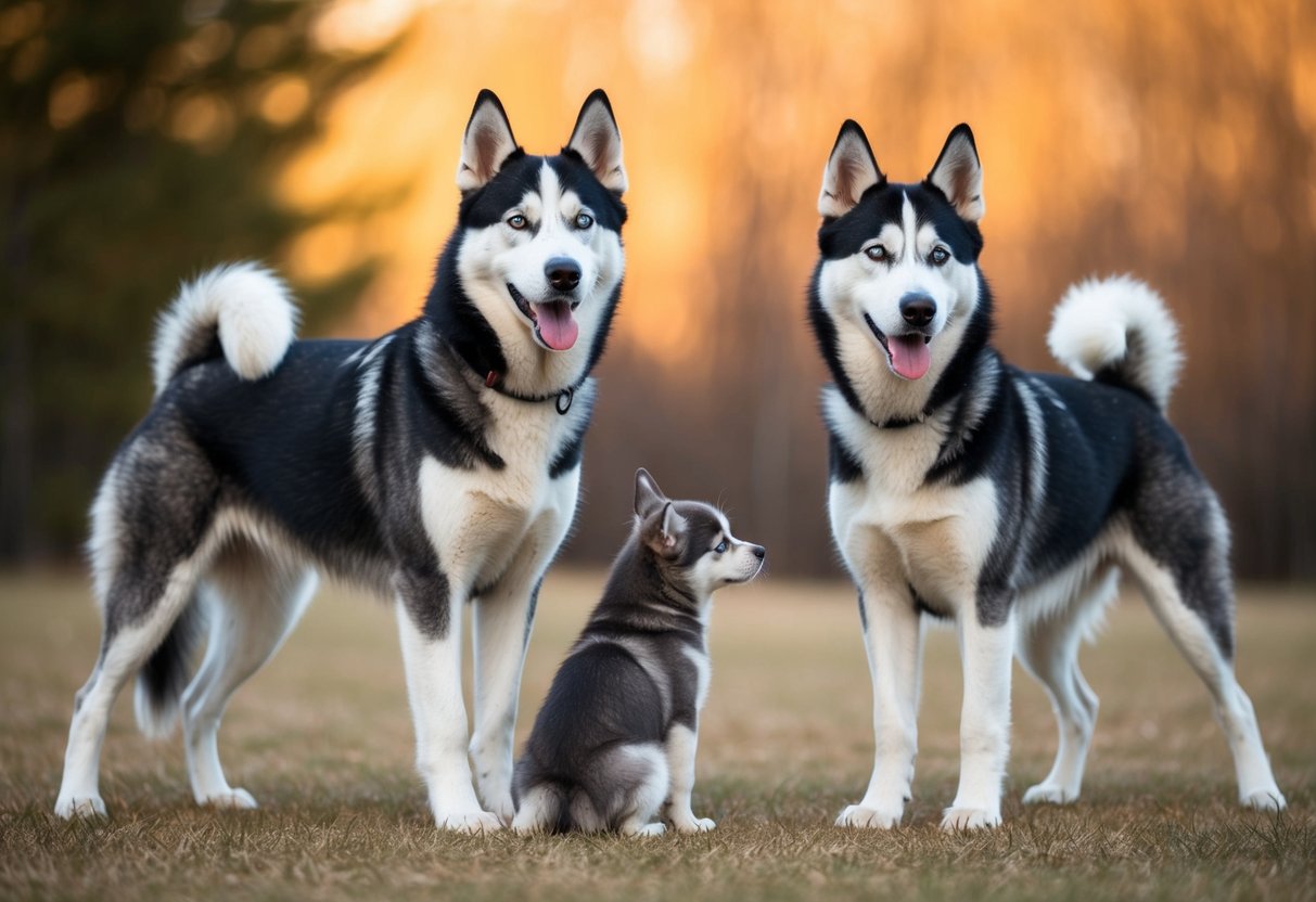 Two huskies standing confidently, ears perked and tails raised, facing off against a smaller, submissive dog