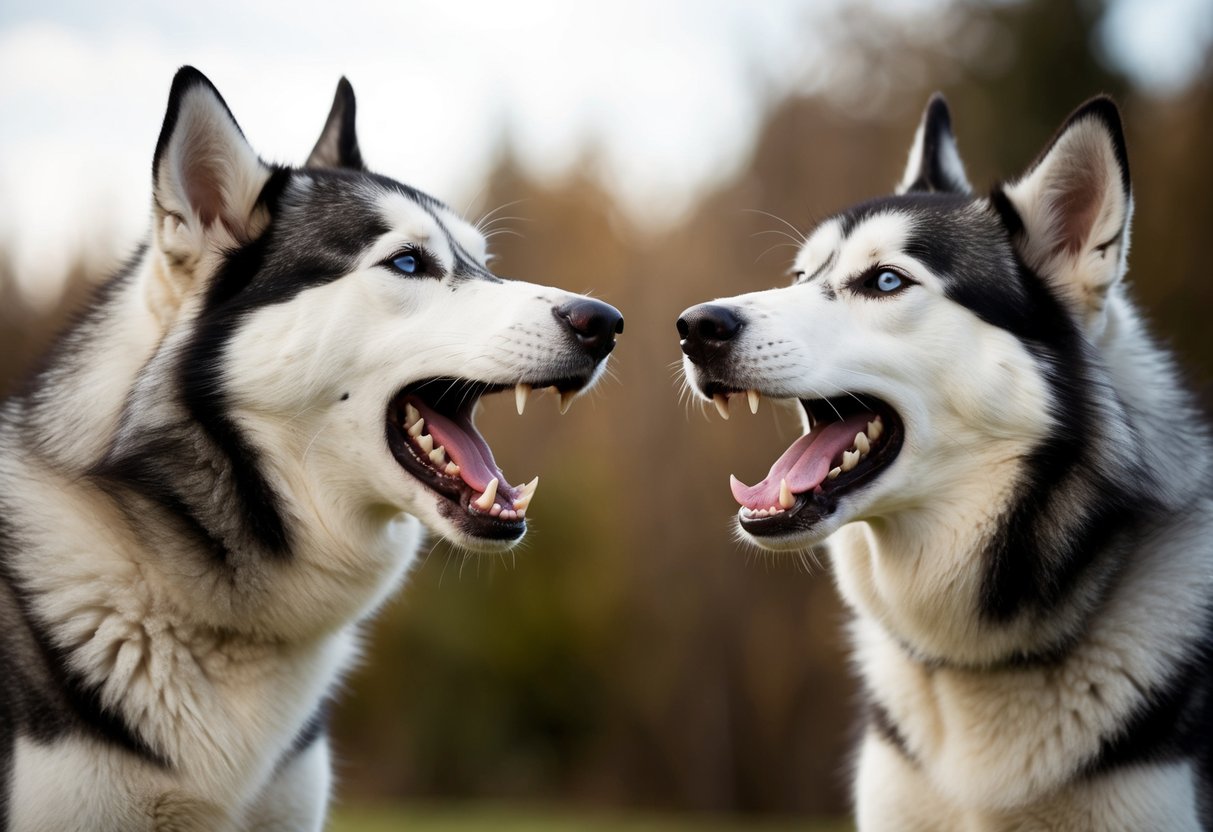 Two huskies facing each other, teeth bared, growling with raised hackles