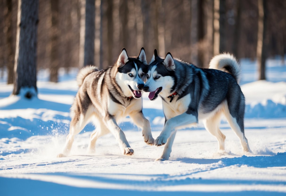 Two huskies playfully tussle in a snow-covered forest, their fur glistening in the sunlight as they chase each other through the trees