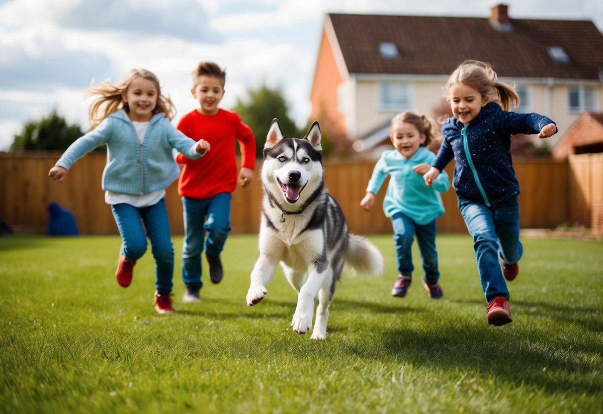 A happy husky plays with children in a spacious backyard, their tails wagging as they run and jump together