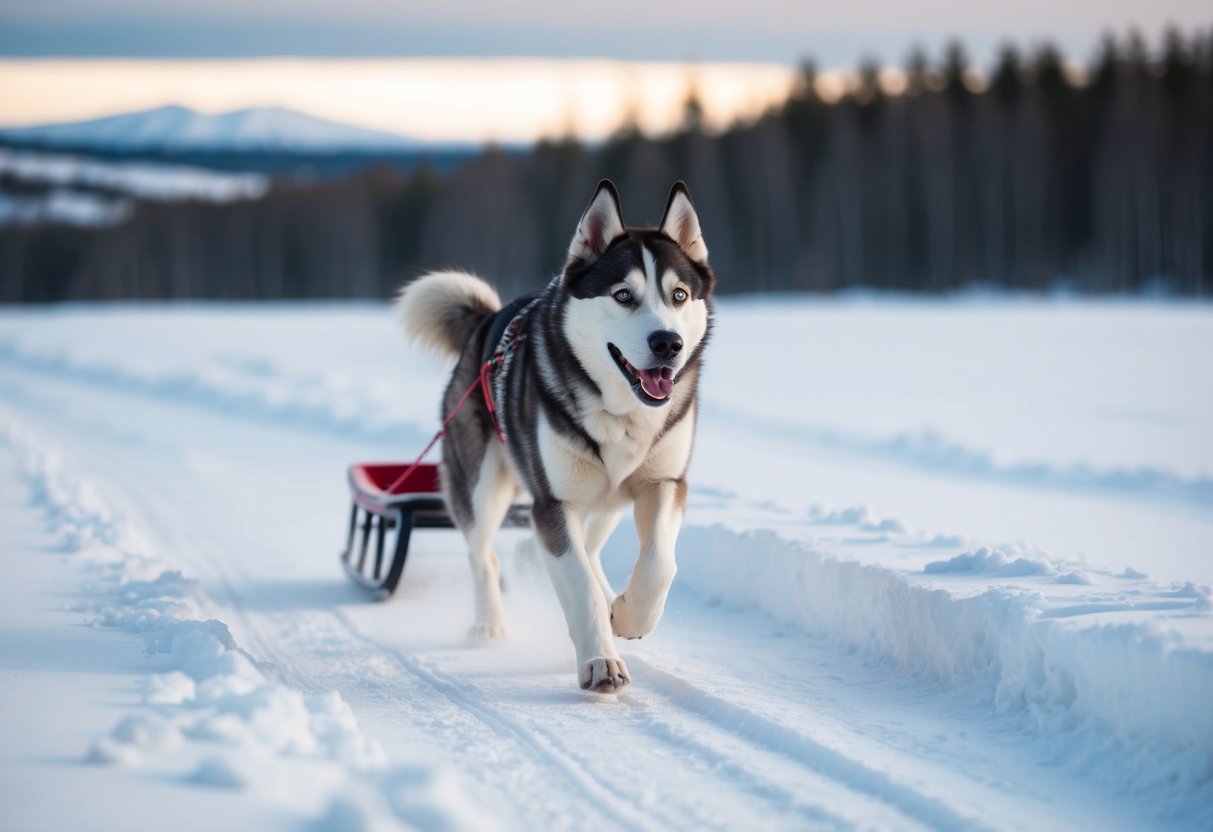 An Alaskan husky runs through a snowy landscape, pulling a sled with determination and strength