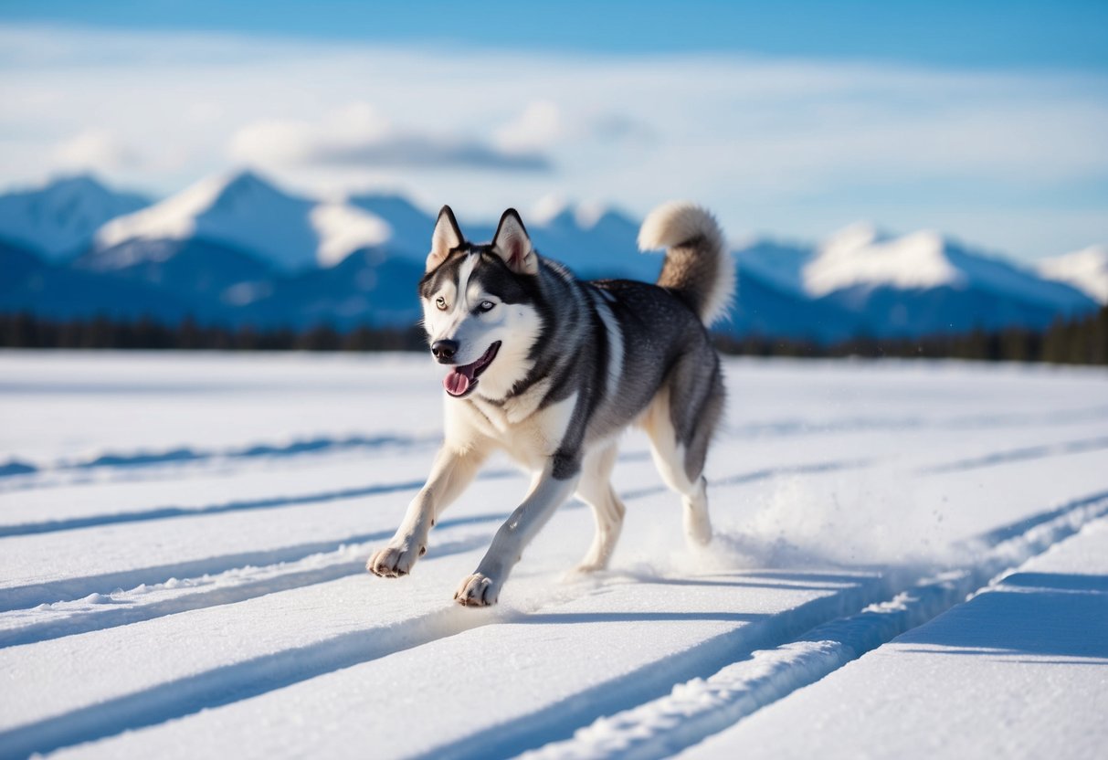 An Alaskan Husky running through a snowy landscape, with mountains in the background and a clear blue sky overhead