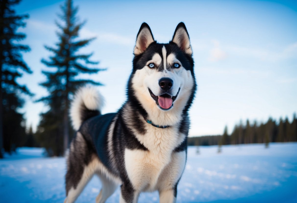 An Alaskan husky stands proudly in a snowy landscape, surrounded by tall pine trees and a clear blue sky