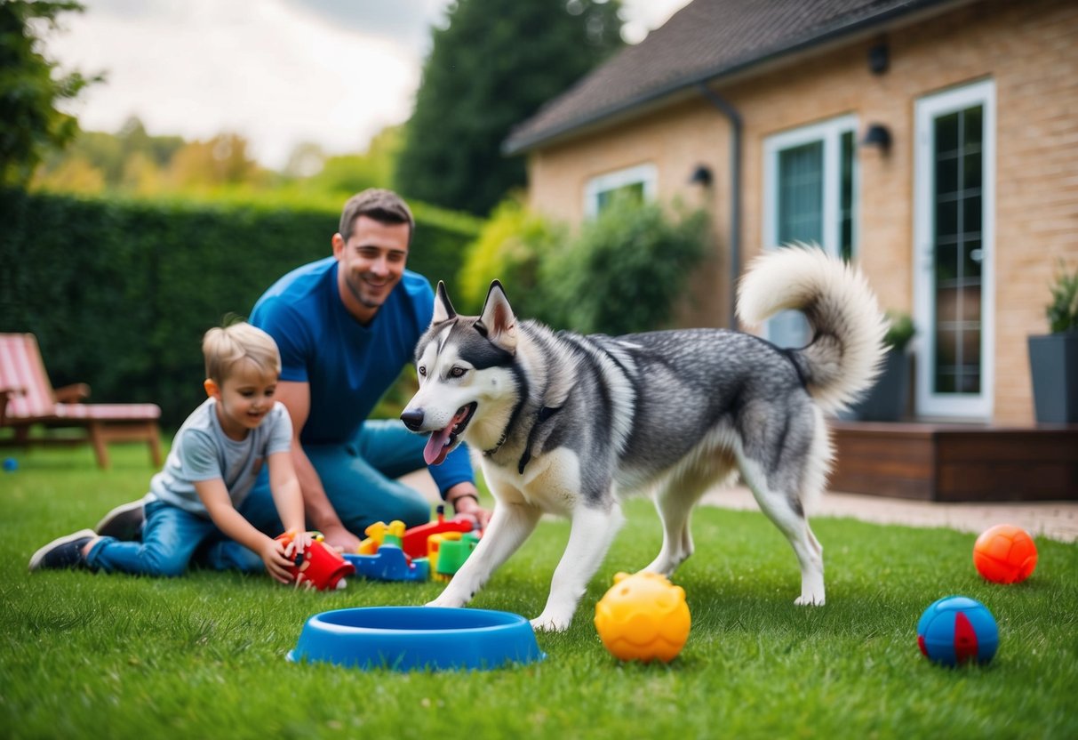 A happy, healthy Husky playing with a family in a spacious backyard, surrounded by toys and a water bowl